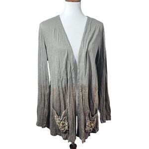 LOGO by Lori Goldstein Green Cotton lightweight cardigan w/ gold embellishment